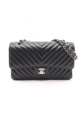 Chanel Shoulder Bag Blanc Stitch Double Flap Black Lambskin Chain